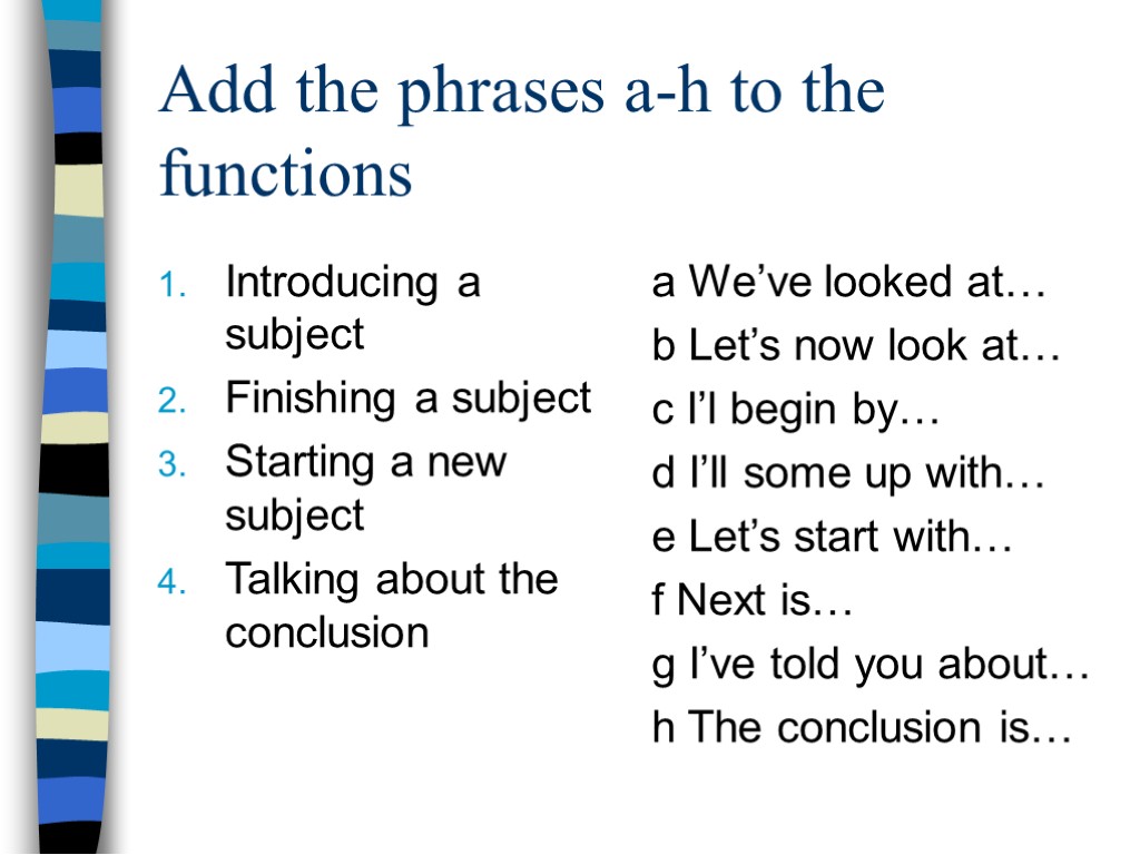 Add the phrases a-h to the functions Introducing a subject Finishing a subject Starting